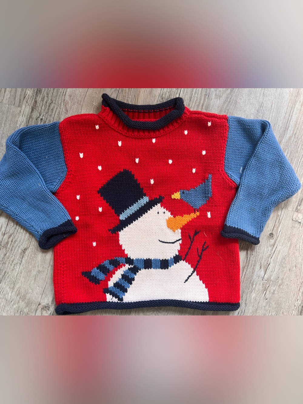 Cozy Red Snowman Knit Roll Neck Sweater with Blue Sleeves
